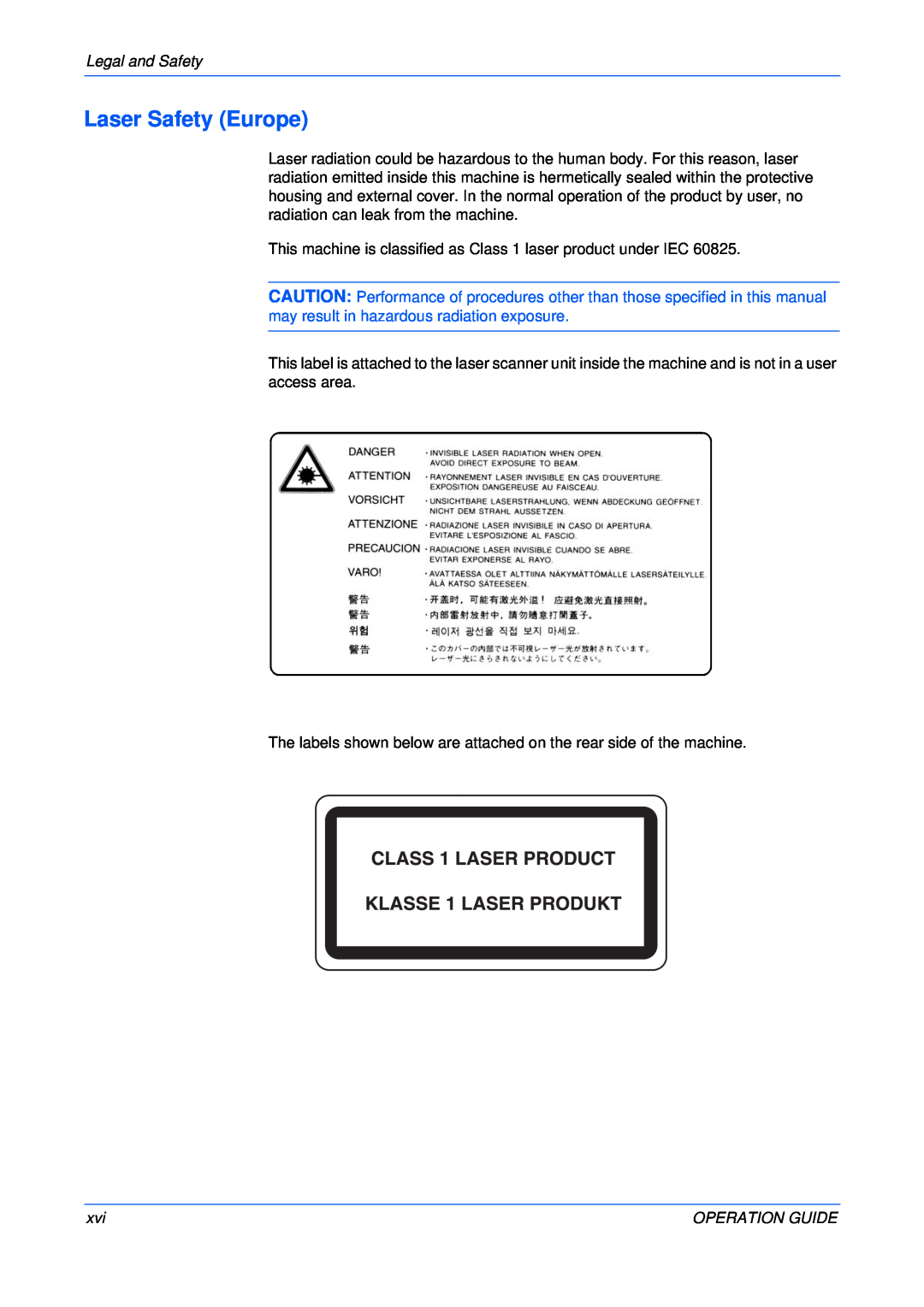 Olivetti 18MF manual Laser Safety Europe 