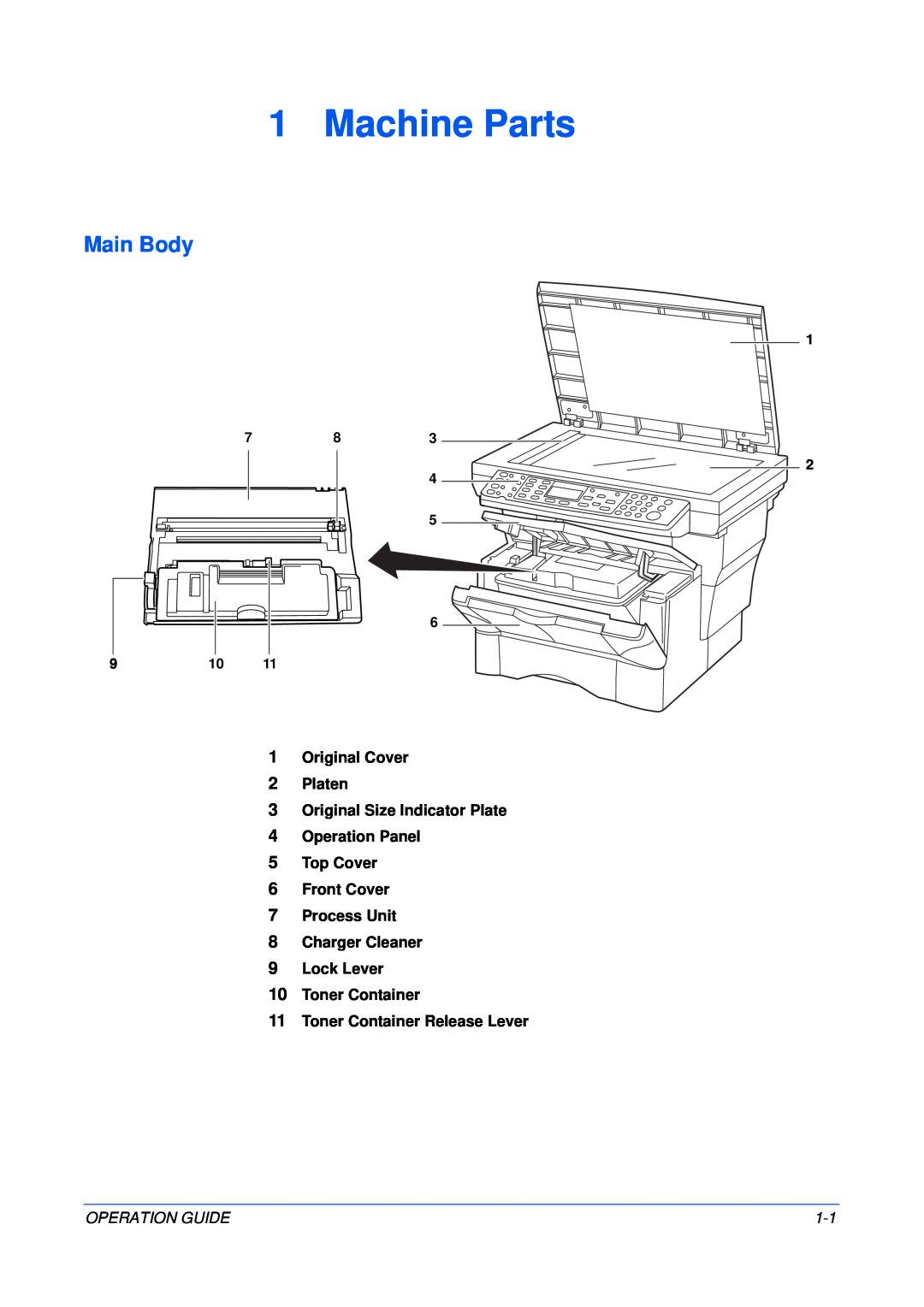 Olivetti 18MF manual Machine Parts, Main Body, Original Cover 2 Platen 3 Original Size Indicator Plate 