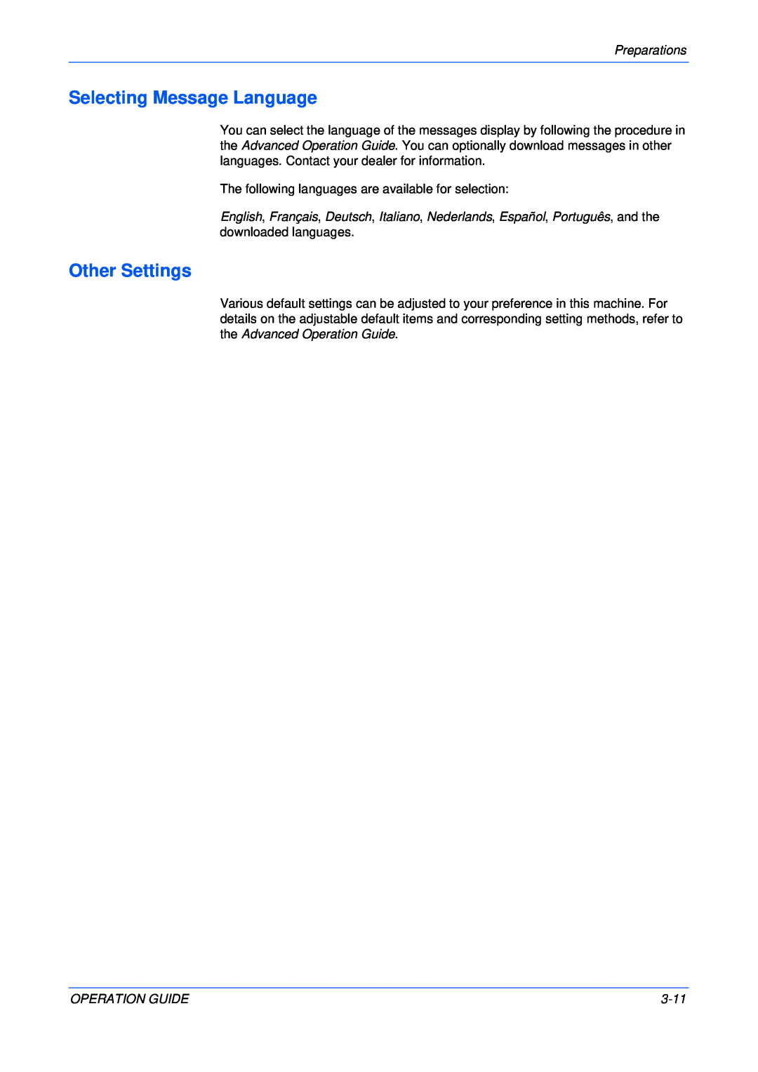 Olivetti 18MF manual Selecting Message Language, Other Settings 