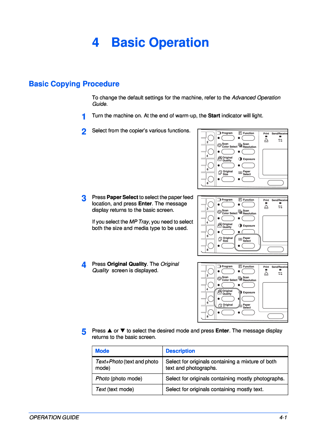 Olivetti 18MF manual Basic Operation, Basic Copying Procedure, Press Original Quality. The Original, Mode, Description 