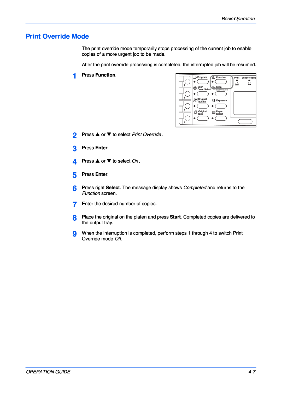 Olivetti 18MF manual Print Override Mode, Press Function 