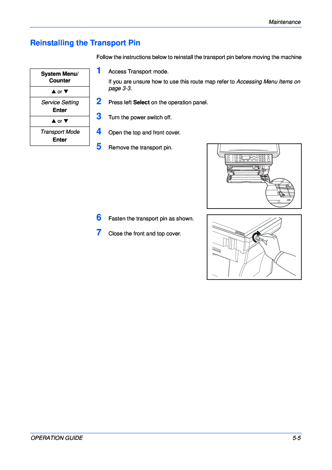 Olivetti 18MF manual Reinstalling the Transport Pin, System Menu Counter, Enter 