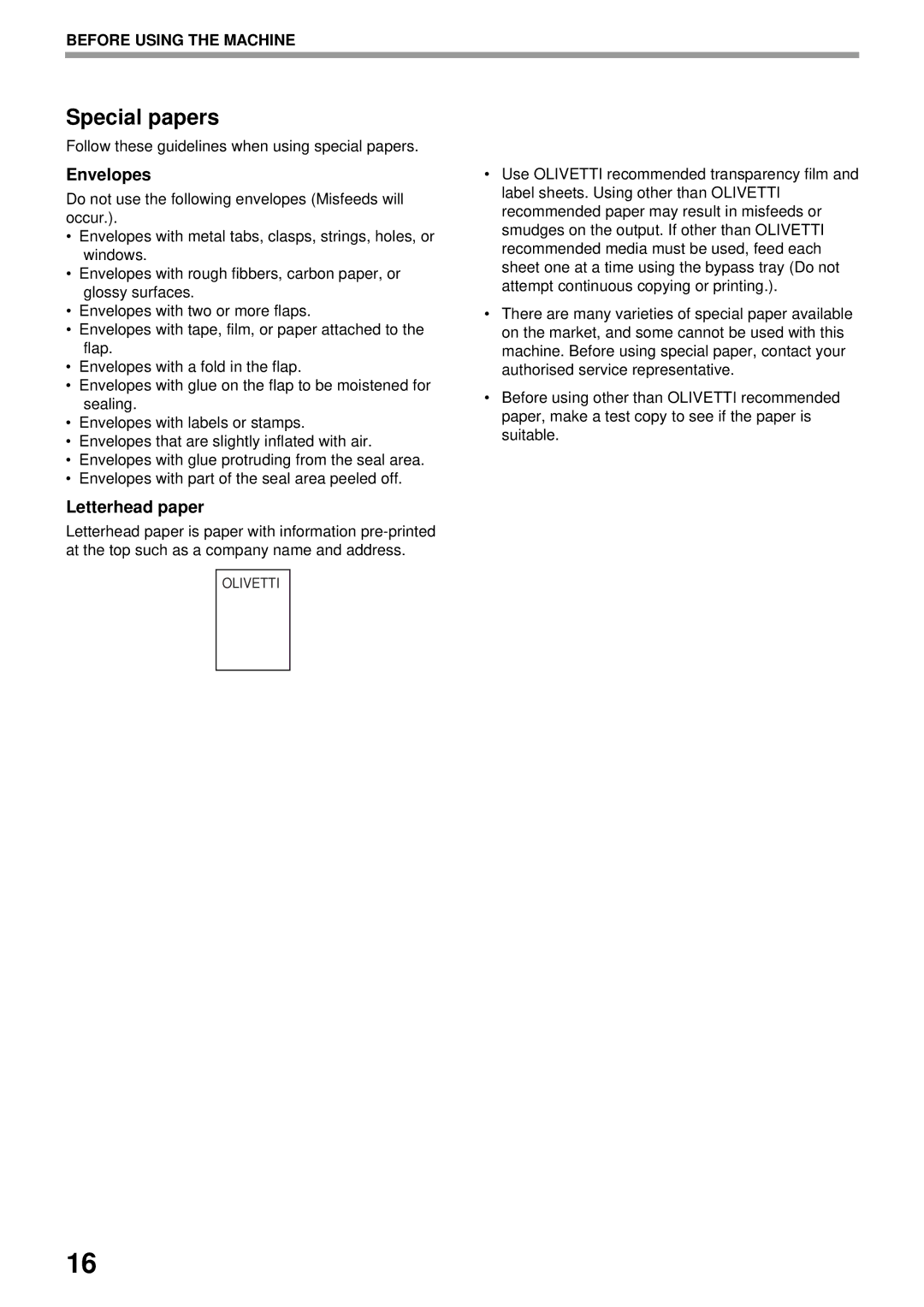 Olivetti 2301, 2701 Special papers, Envelopes, Letterhead paper, Follow these guidelines when using special papers 