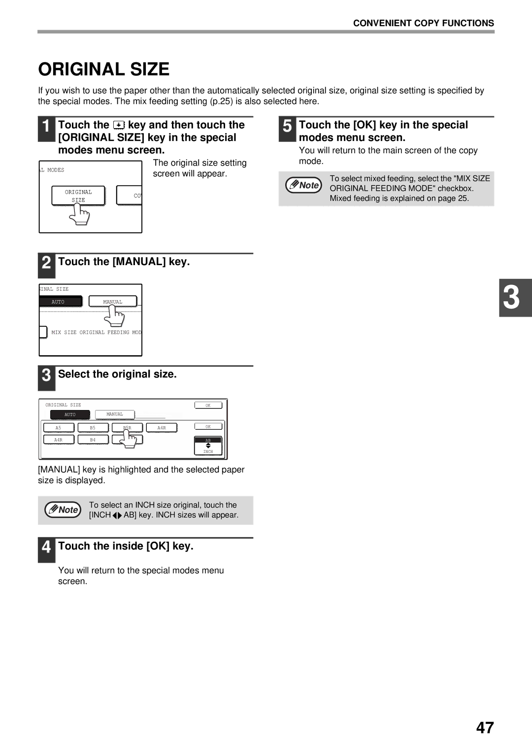 Olivetti 2701, 2301 operation manual Original Size, Touch the Manual key, Select the original size, Touch the inside OK key 