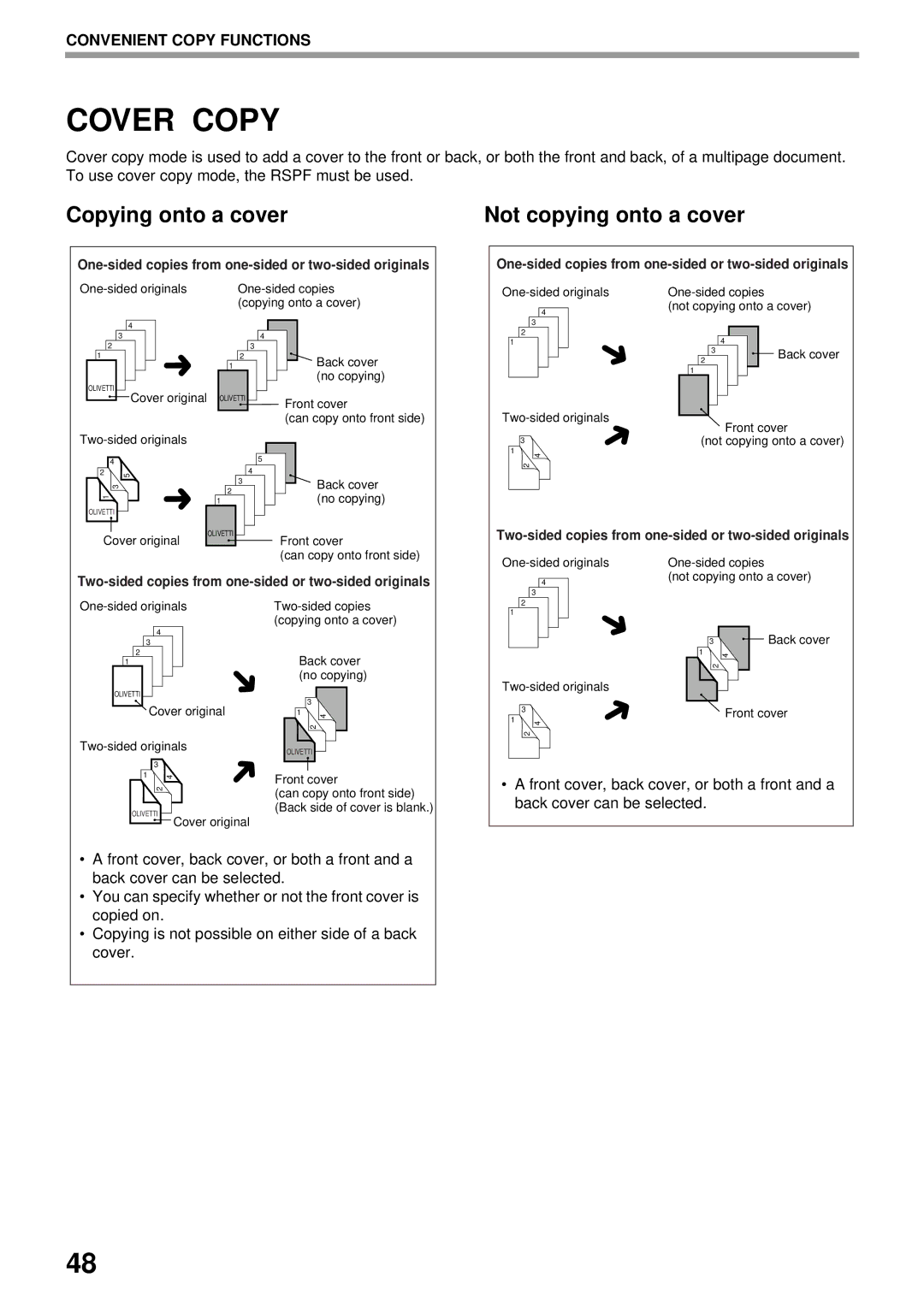 Olivetti 2301, 2701 operation manual Cover Copy, Copying onto a cover, Not copying onto a cover 