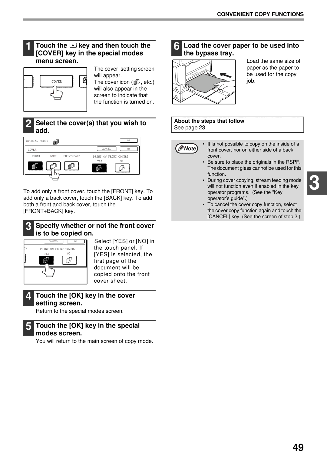 Olivetti 2701, 2301 Select the covers that you wish to add, Load the cover paper to be used into the bypass tray 