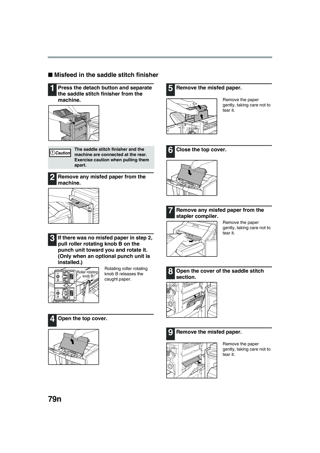 Olivetti 2701, 2301 79n, Misfeed in the saddle stitch finisher, Remove the paper, Gently, taking care not to, Tear it 