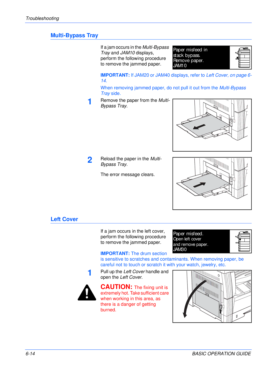 Olivetti 16MF, 250MF, 200MF user manual Multi-Bypass Tray, Left Cover, Paper misfeed in stack bypass. Remove paper. JAM10 