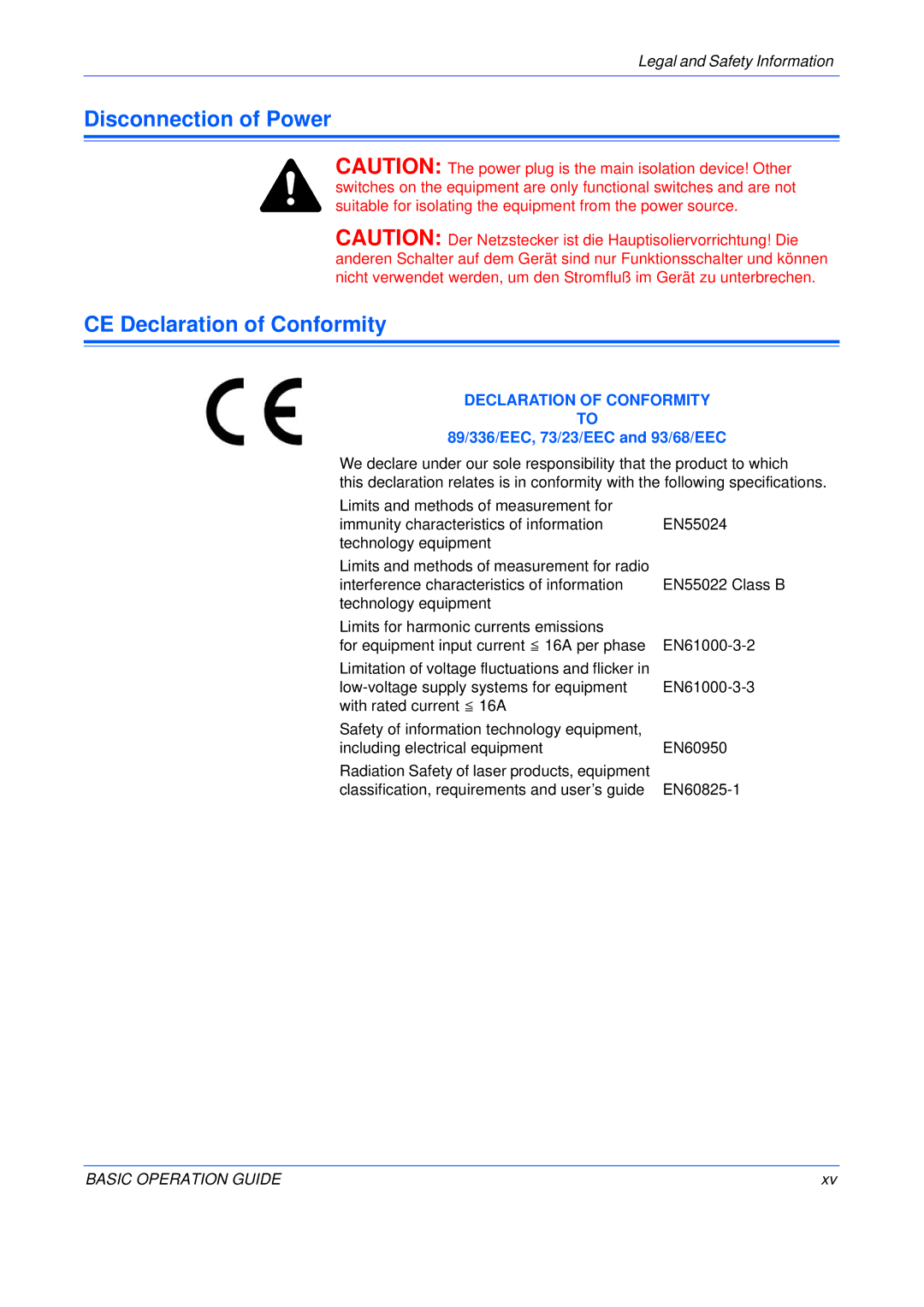 Olivetti 16MF, 250MF, 200MF Disconnection of Power CE Declaration of Conformity, 89/336/EEC, 73/23/EEC and 93/68/EEC 