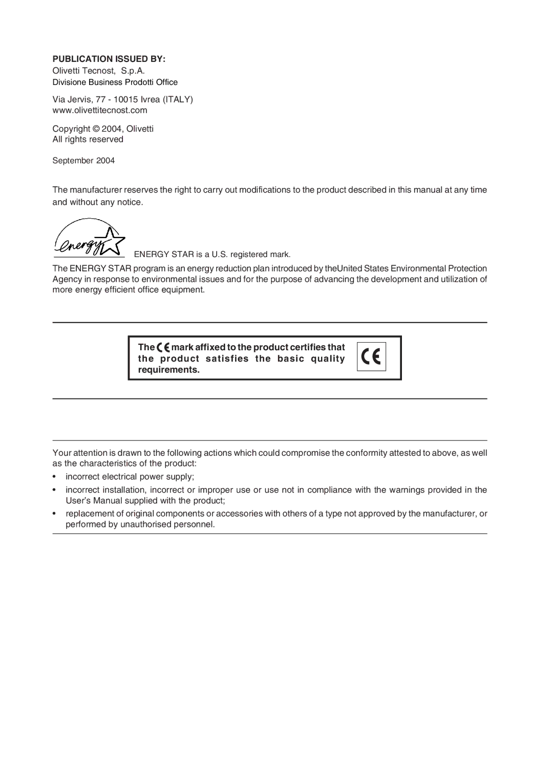 Olivetti 16MF, 250MF, 200MF user manual Publication Issued by 