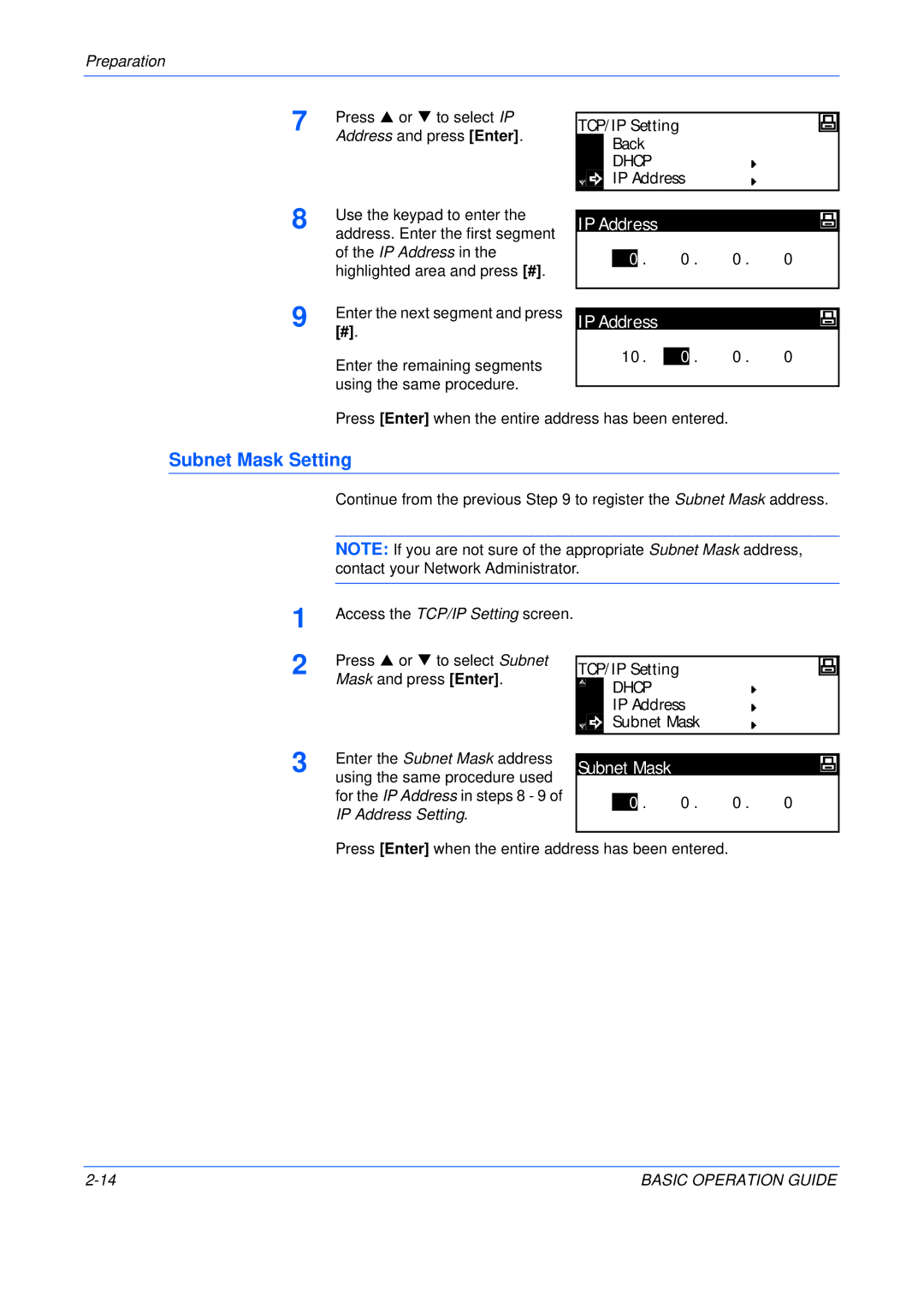 Olivetti 200MF, 250MF, 16MF user manual Subnet Mask Setting, IP Address Setting 