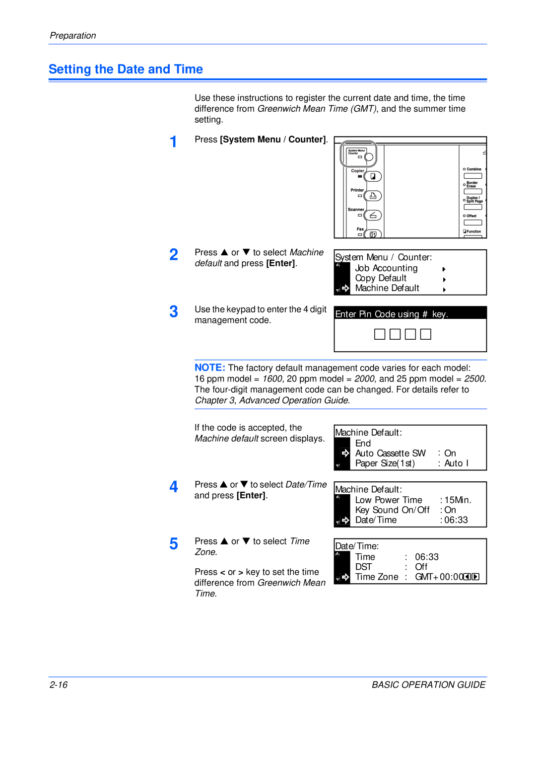 Olivetti 250MF, 200MF, 16MF user manual Setting the Date and Time, Enter Pin Code using # key, Zone 