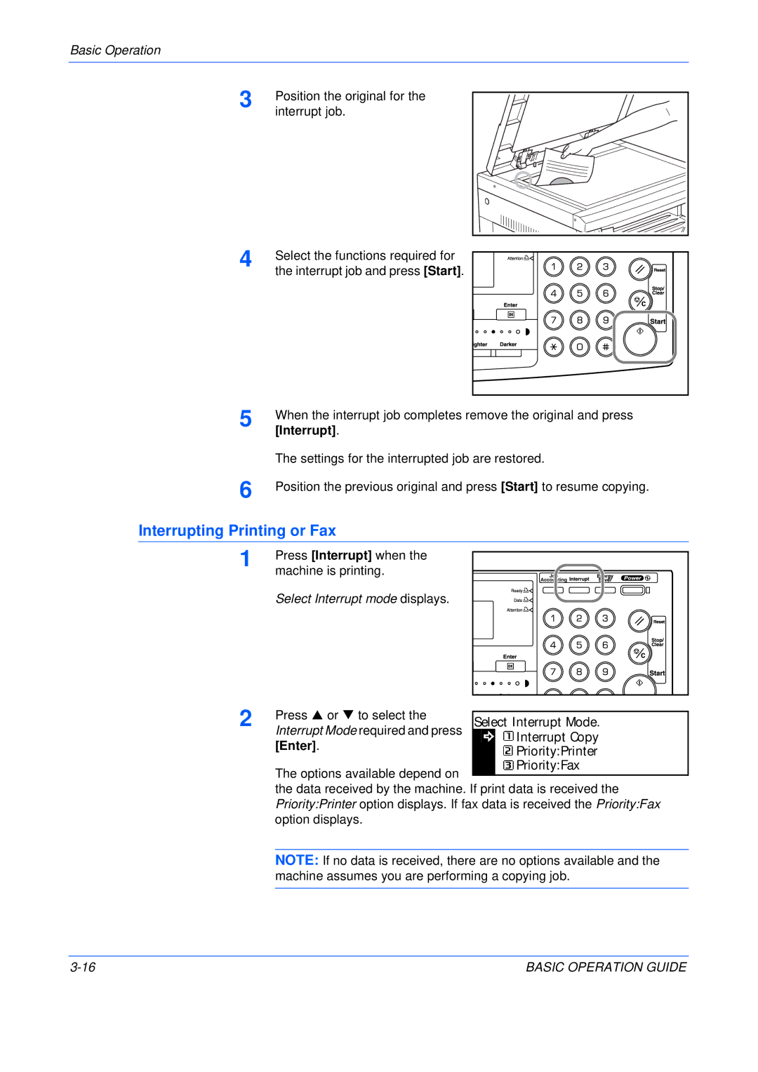 Olivetti 250MF, 200MF, 16MF user manual Interrupting Printing or Fax, Select Interrupt mode displays, Enter 