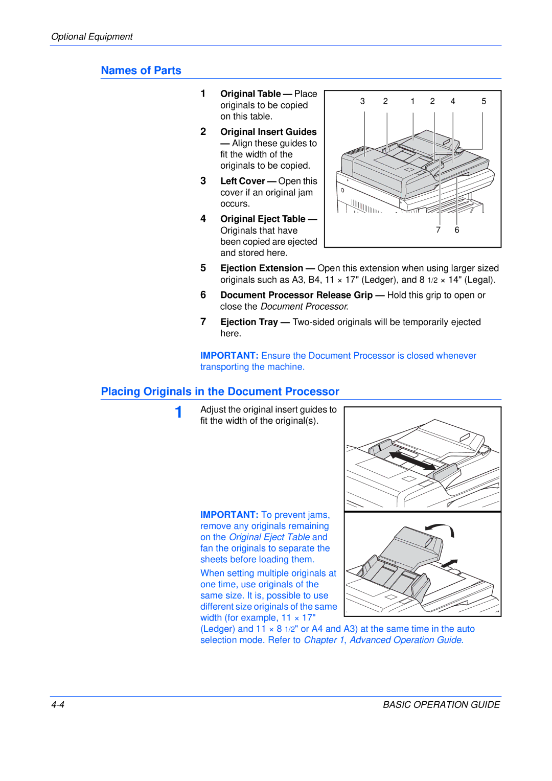 Olivetti 200MF, 250MF, 16MF user manual Names of Parts, Placing Originals in the Document Processor 