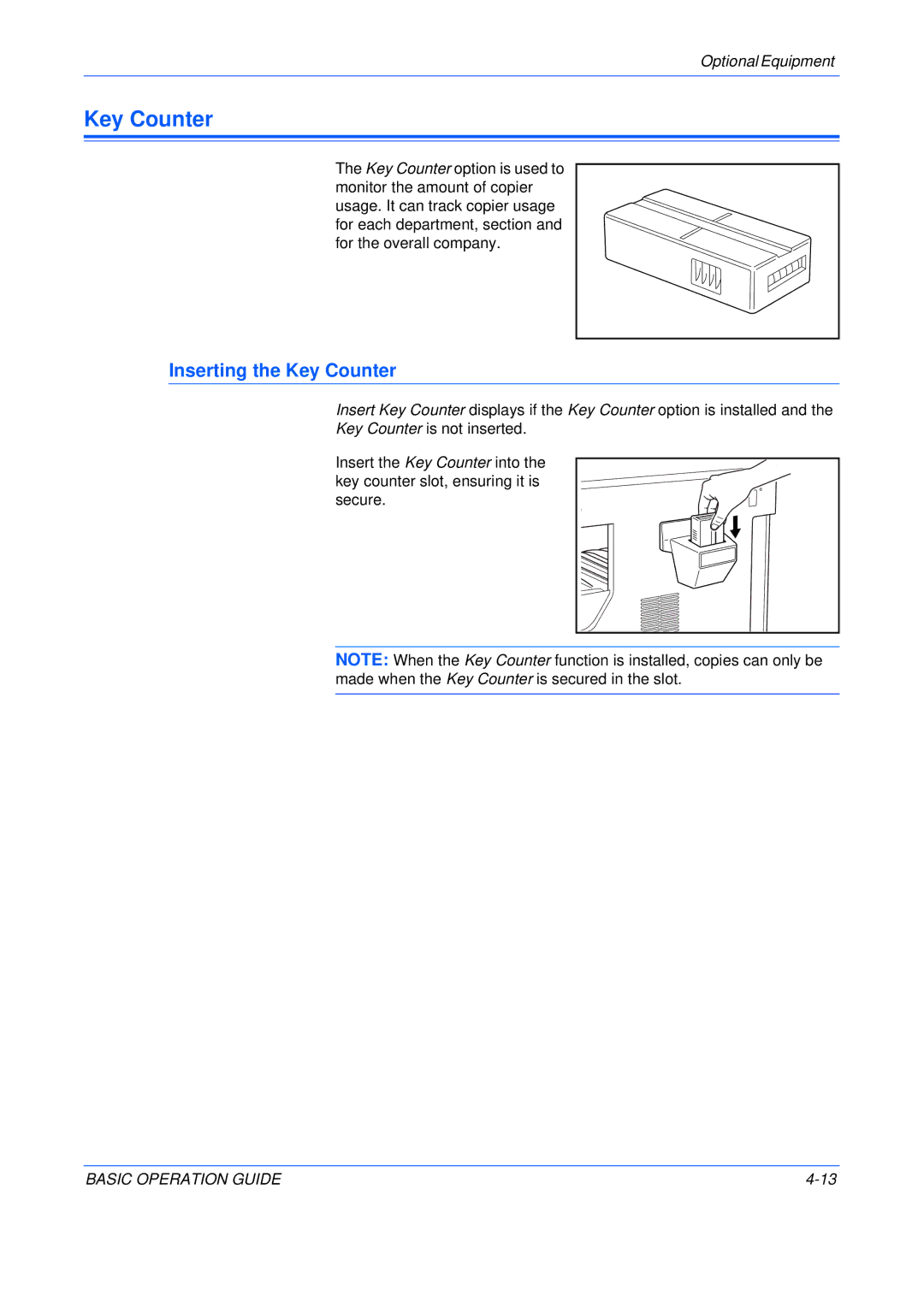 Olivetti 200MF, 250MF, 16MF user manual Inserting the Key Counter 