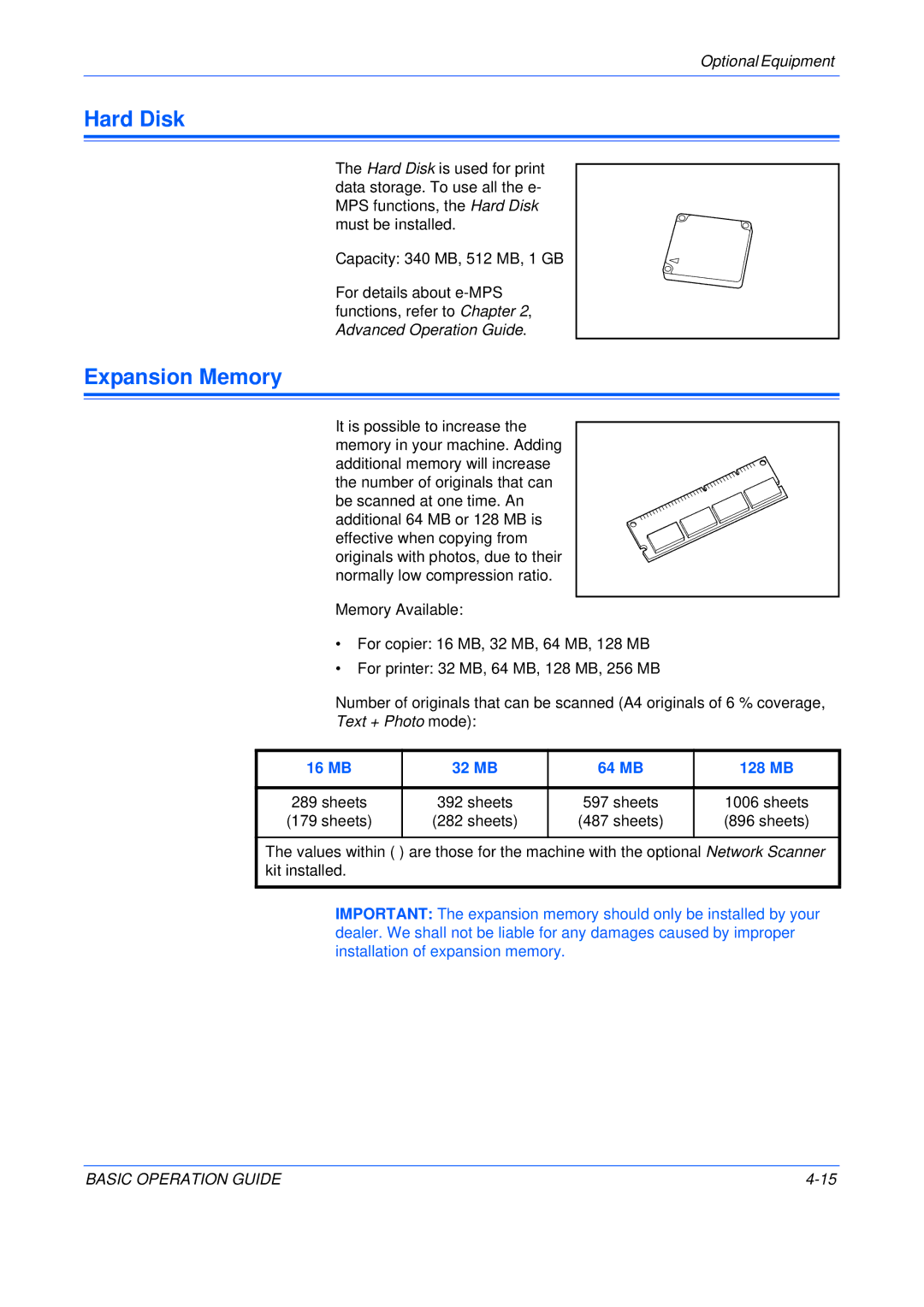 Olivetti 250MF, 200MF, 16MF user manual Hard Disk, Expansion Memory, Text + Photo mode, 16 MB 32 MB 64 MB 128 MB 