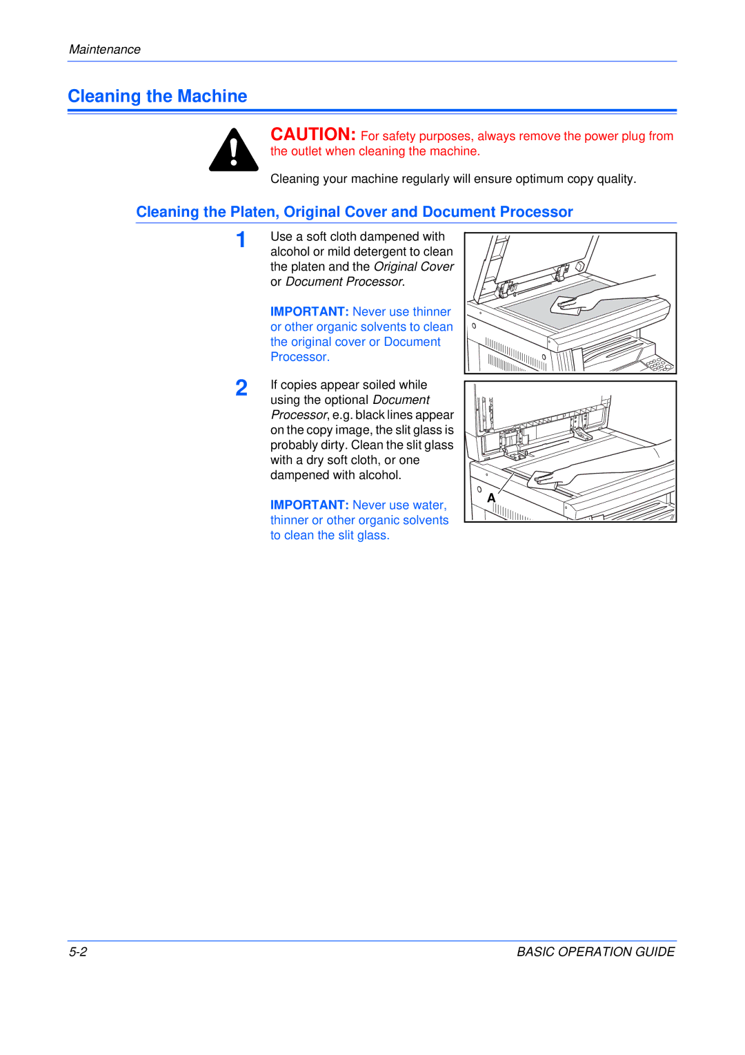 Olivetti 250MF, 200MF, 16MF Cleaning the Machine, Cleaning the Platen, Original Cover and Document Processor, Maintenance 