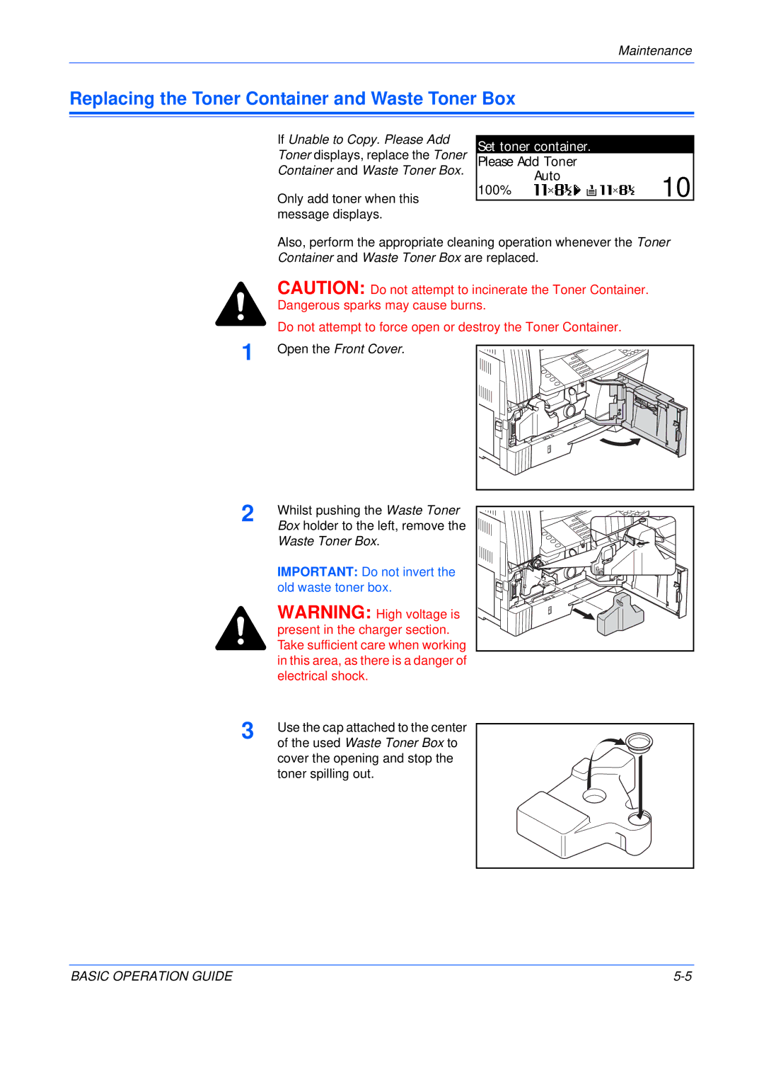 Olivetti 250MF, 200MF, 16MF Replacing the Toner Container and Waste Toner Box, Set toner container, Open the Front Cover 