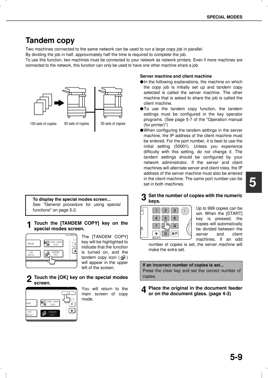 Olivetti 4501MF Tandem copy, Touch the Tandem Copy key on the special modes screen, Server machine and client machine 