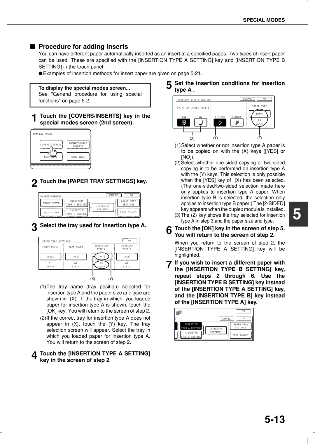 Olivetti 4501MF, 3501MF operation manual Procedure for adding inserts, Select the tray used for insertion type a 