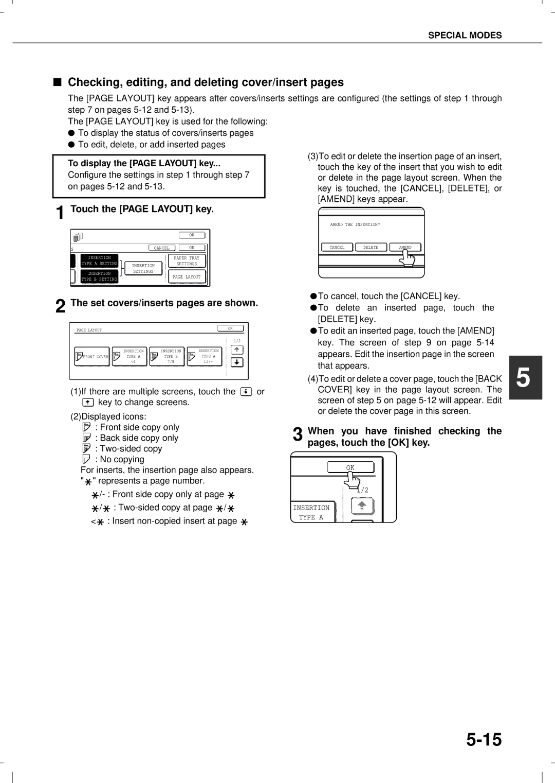 Olivetti 3501MF, 4501MF operation manual Checking, editing, and deleting cover/insert pages, Touch the page Layout key 