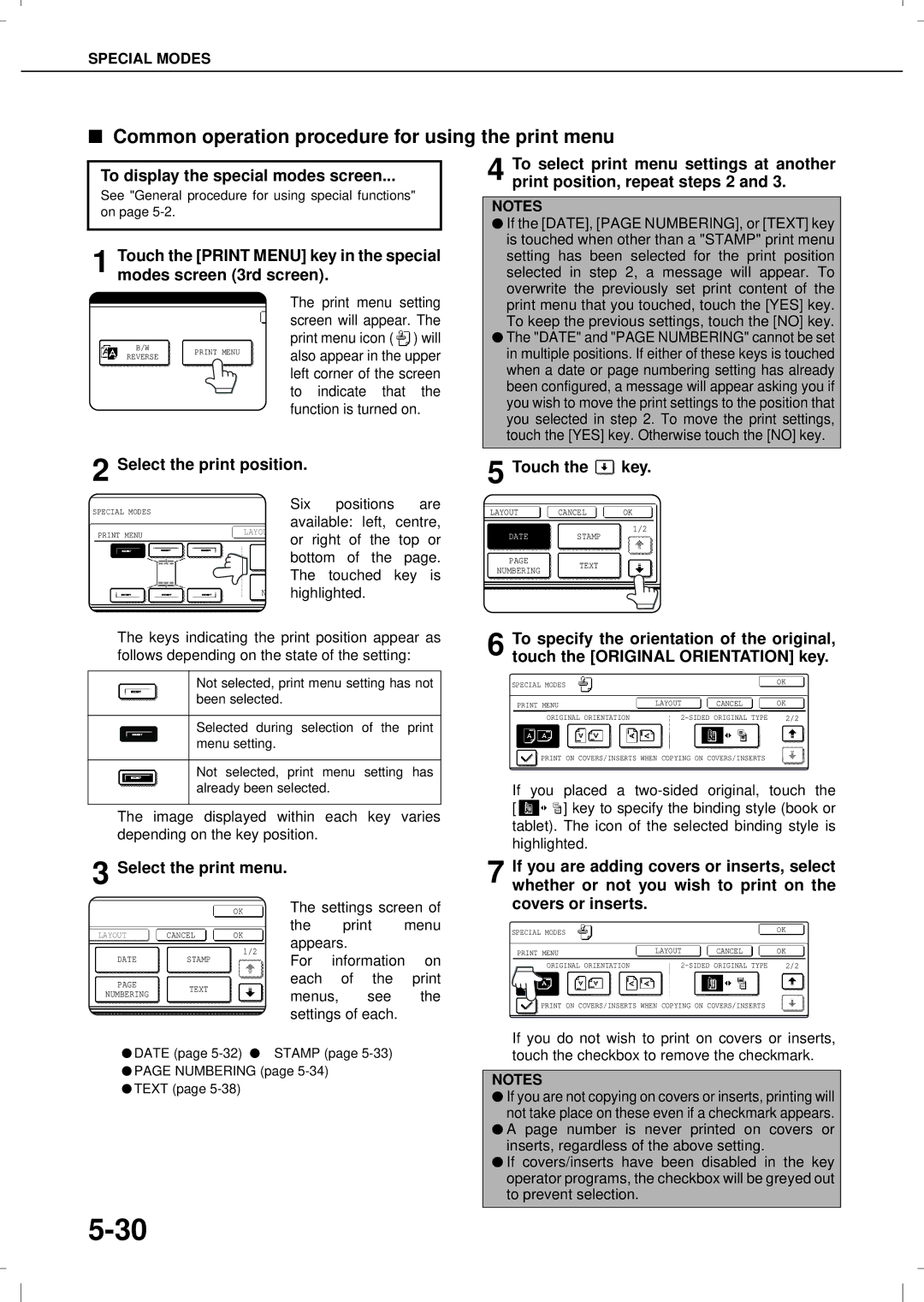 Olivetti 3501MF, 4501MF Common operation procedure for using the print menu, To display the special modes screen 