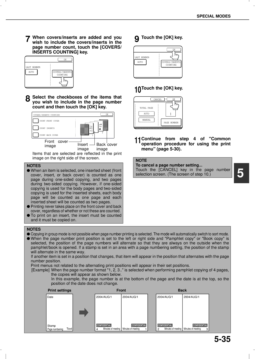 Olivetti 3501MF, 4501MF operation manual 10Touch the OK key, To cancel a page number setting 