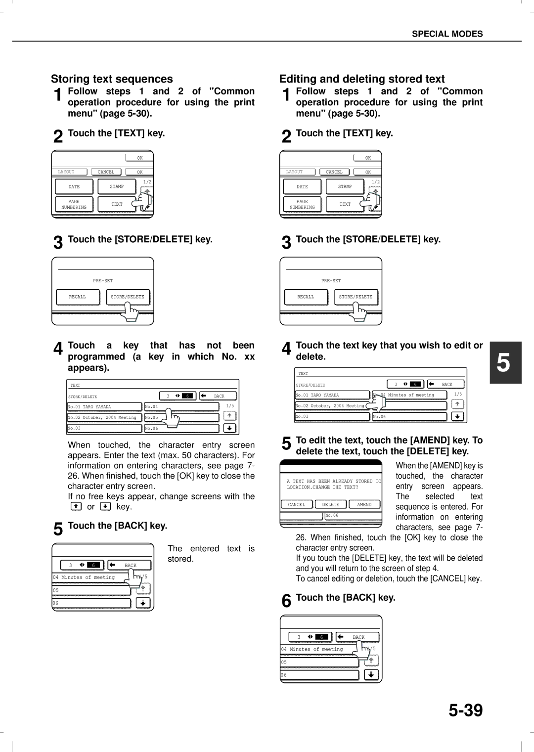 Olivetti 3501MF, 4501MF Storing text sequences, Editing and deleting stored text, Touch the Back key, Delete 