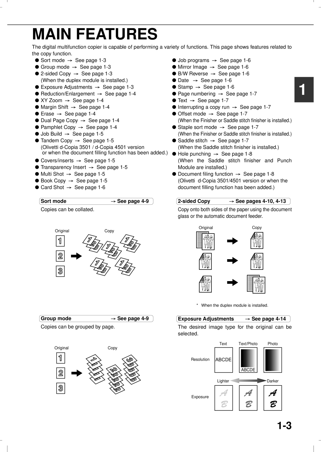 Olivetti 4501MF, 3501MF Main Features, Glass or the automatic document feeder, Group mode, Exposure Adjustments 