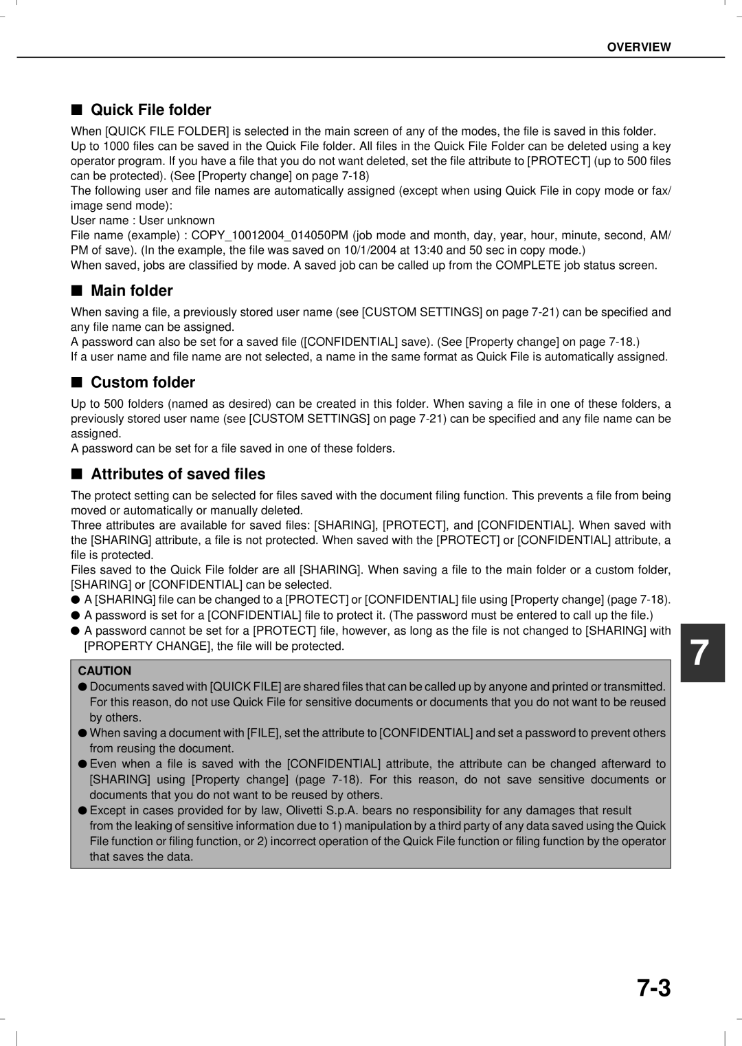 Olivetti 3501MF, 4501MF operation manual Quick File folder, Main folder, Custom folder, Attributes of saved files 