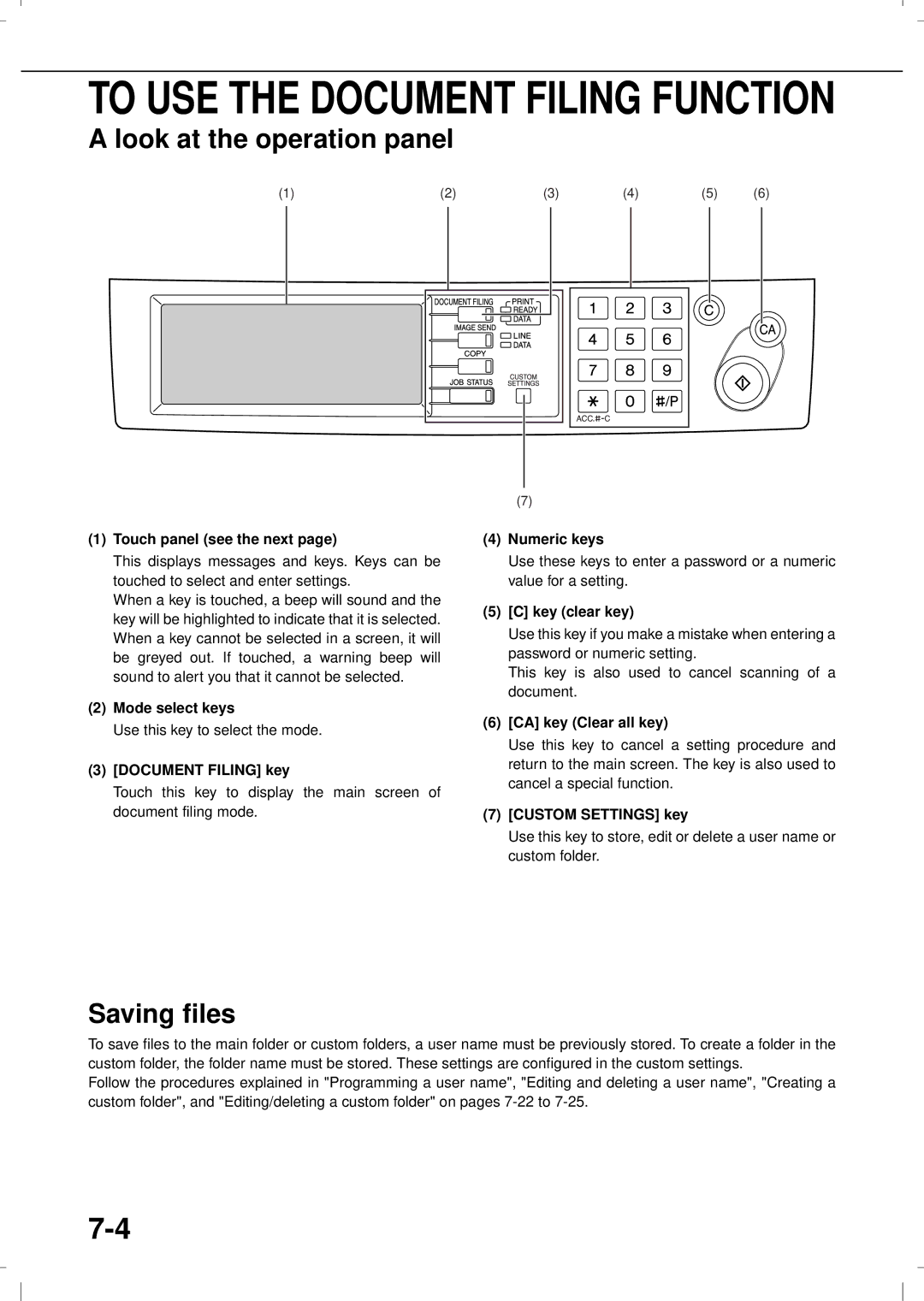 Olivetti 3501MF, 4501MF Look at the operation panel, Saving files, Touch panel see the next, Mode select keys 