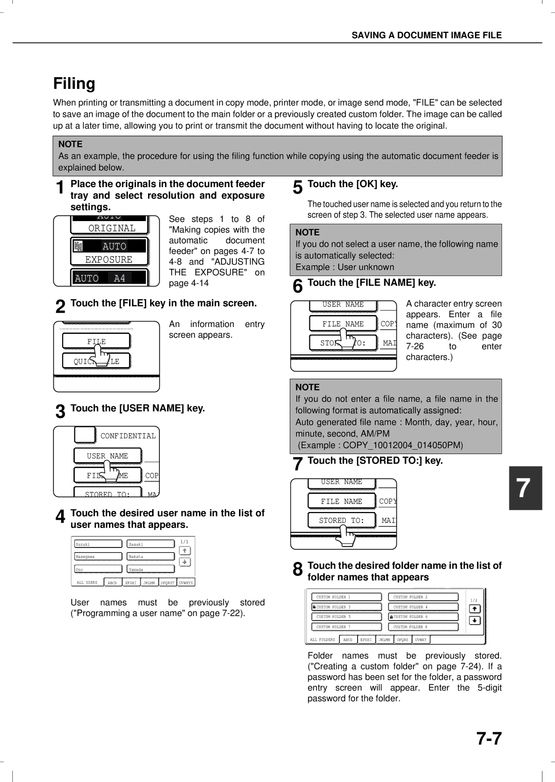 Olivetti 3501, 4501 Filing, Touch the User Name key, An information entry screen appears, Appears Enter File, Name maximum 