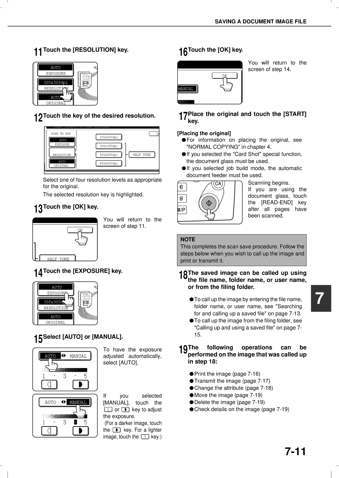 Olivetti 3501MF, 4501 11Touch the Resolution key, 12Touch the key of the desired resolution, 14Touch the Exposure key 