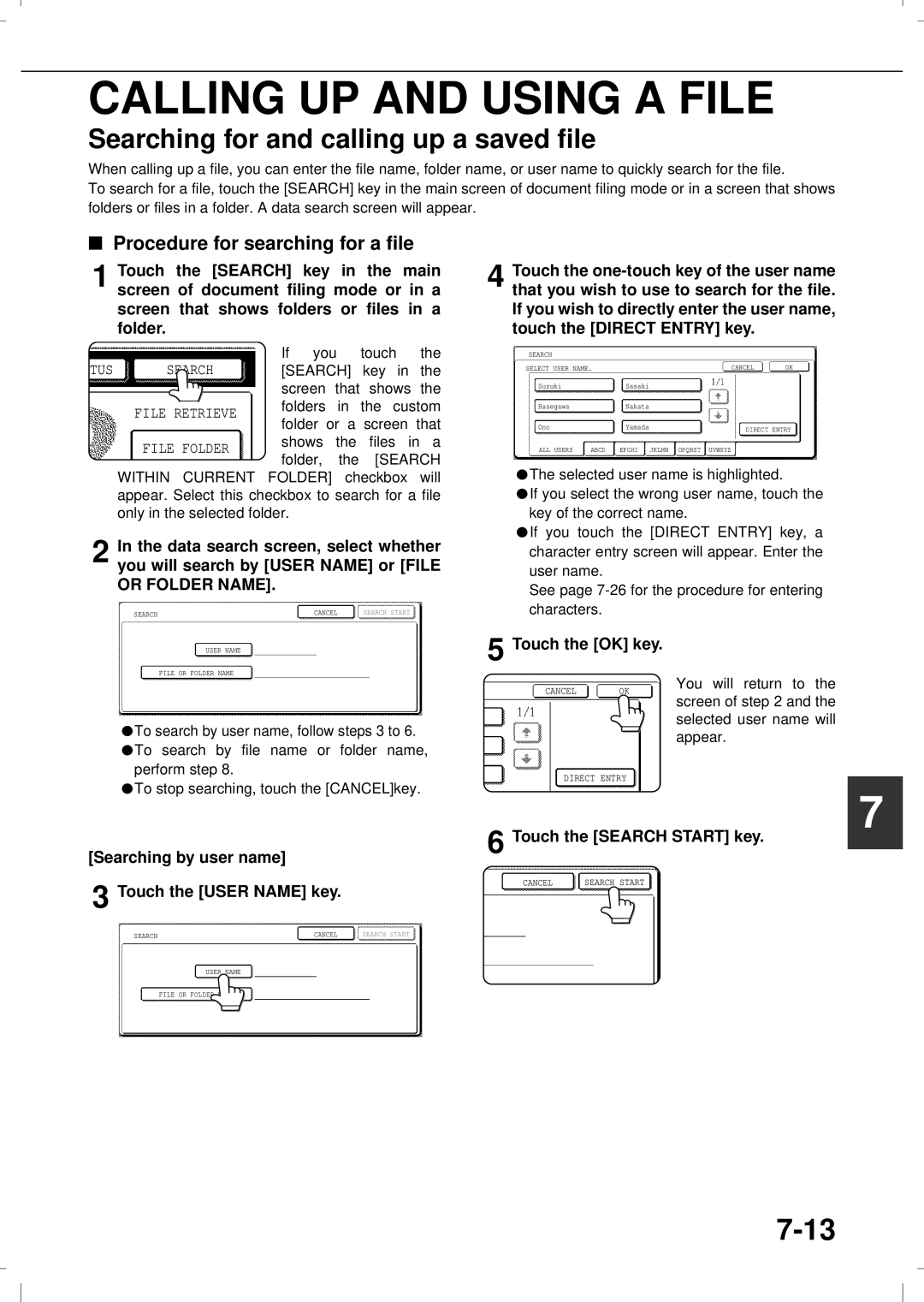 Olivetti 4501MF Calling UP and Using a File, Searching for and calling up a saved file, Procedure for searching for a file 