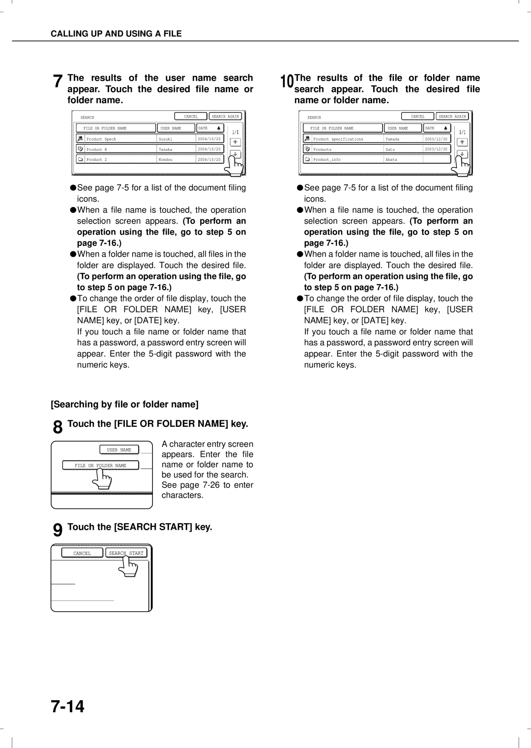 Olivetti 3501MF, 4501MF operation manual Touch the Search Start key, Operation using the file, go to on 