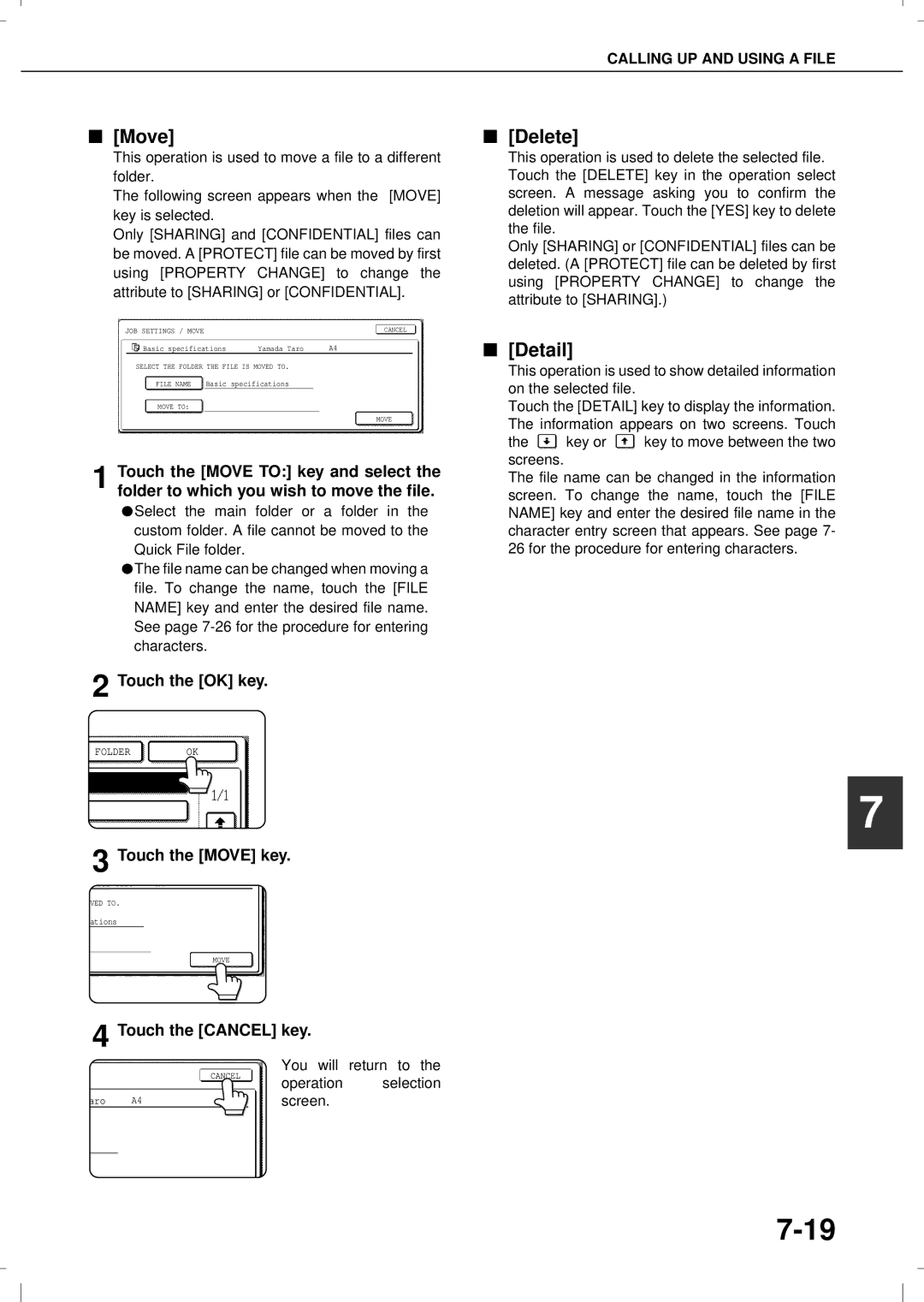 Olivetti 3501MF, 4501MF operation manual Delete, Detail, Touch the Move key, Touch the Cancel key 