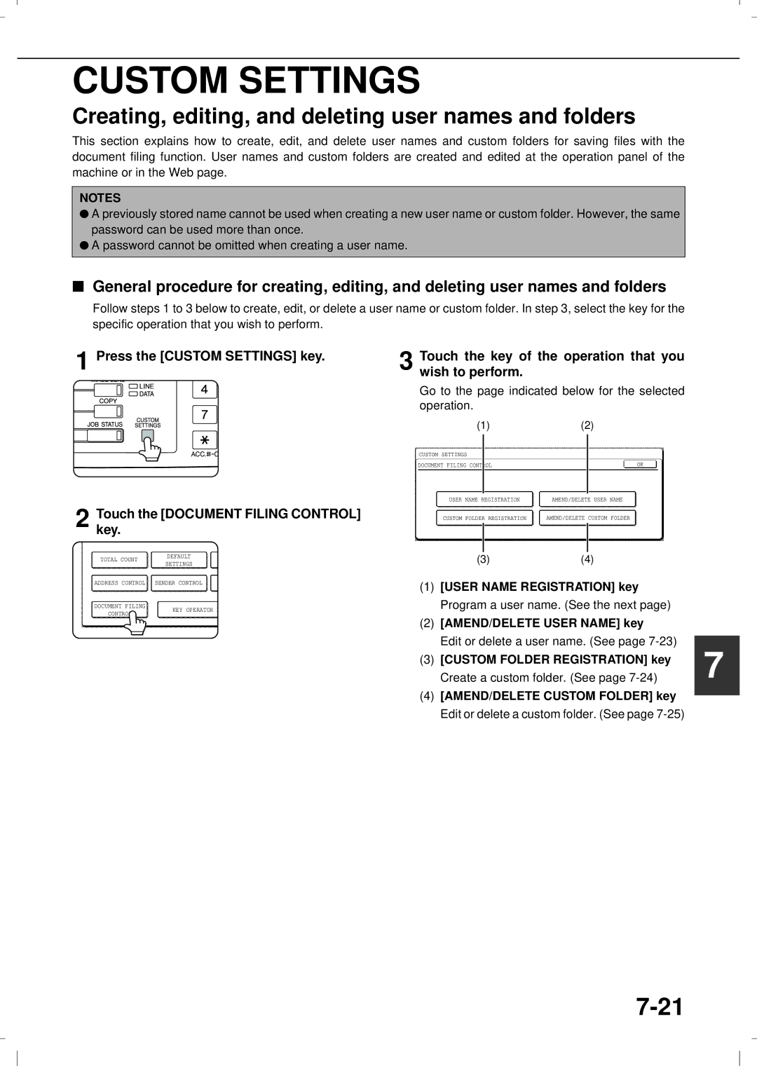 Olivetti 4501MF, 3501MF operation manual Creating, editing, and deleting user names and folders, User Name Registration key 