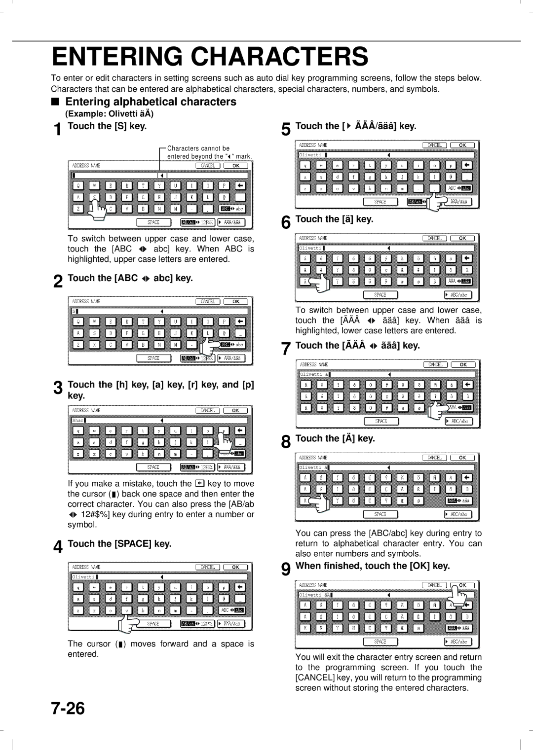 Olivetti 3501MF, 4501MF operation manual Entering Characters, Entering alphabetical characters 