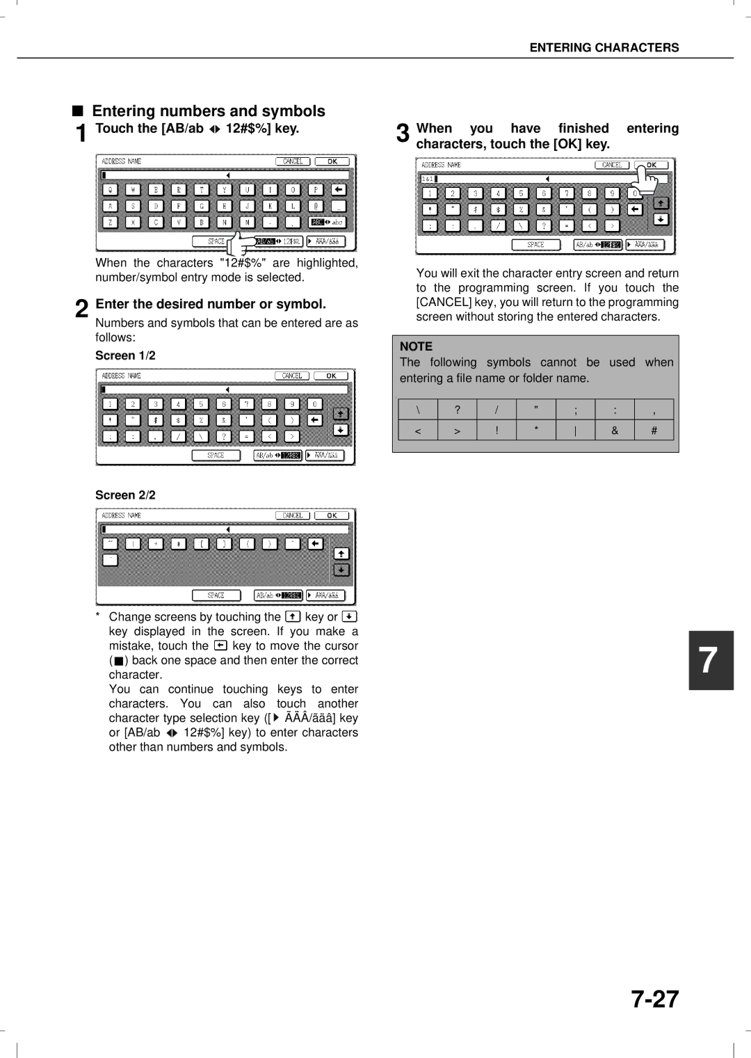 Olivetti 3501MF, 4501MF operation manual Entering numbers and symbols, Screen 1/2 Screen 2/2 