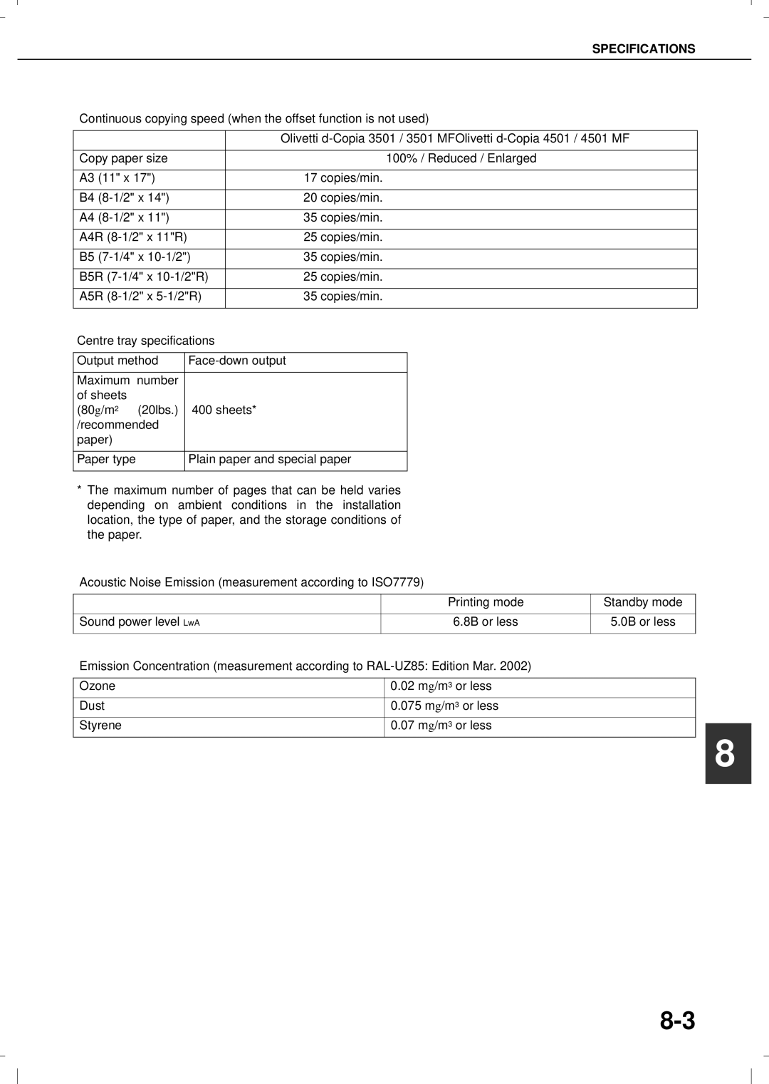 Olivetti 3501MF, 4501MF operation manual Specifications 