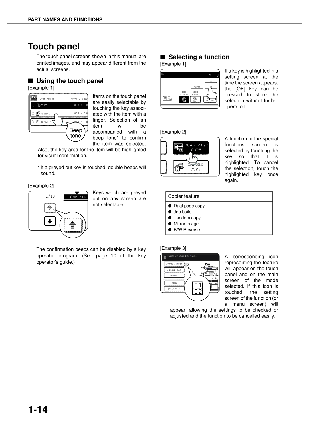 Olivetti 3501MF, 4501MF operation manual Touch panel, Selecting a function, Using the touch panel, Example Actual screens 