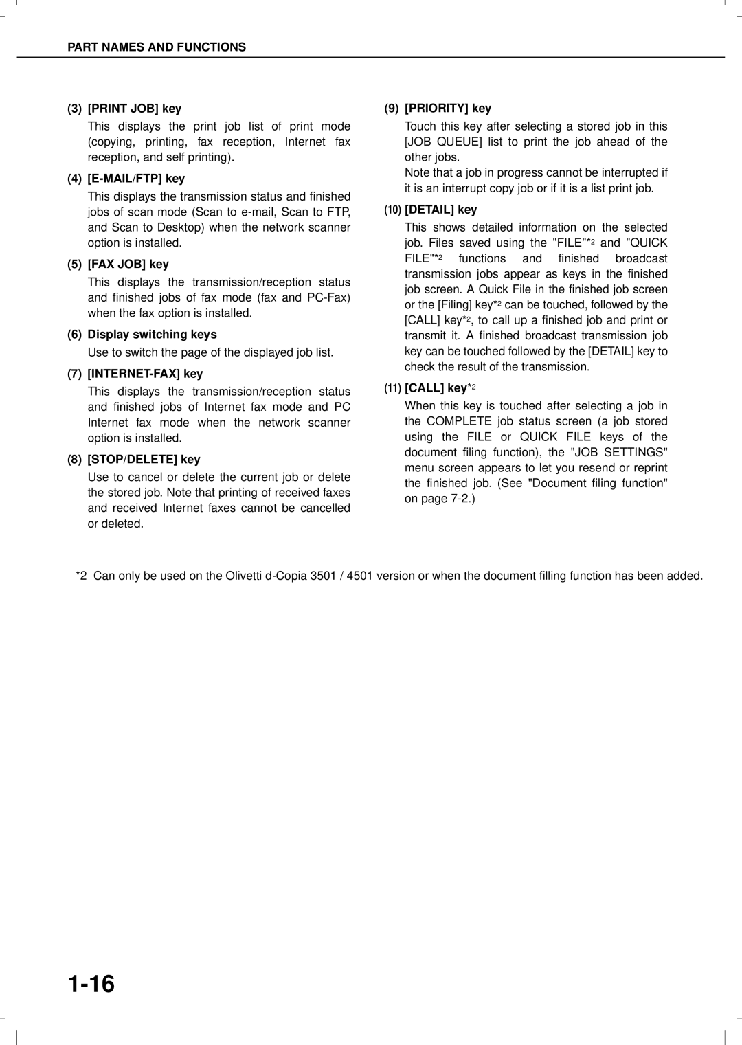 Olivetti 3501MF, 4501 Print JOB key, MAIL/FTP key, FAX JOB key, Display switching keys, INTERNET-FAX key, STOP/DELETE key 