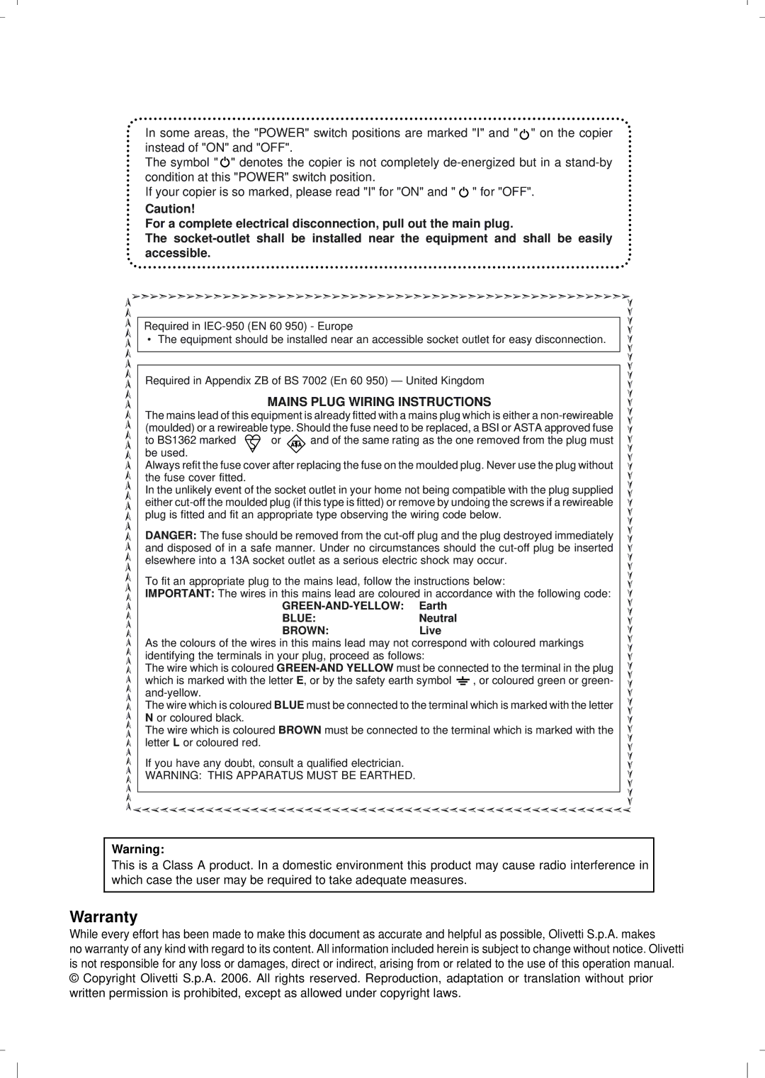 Olivetti 4501MF, 3501MF operation manual Warranty, Mains Plug Wiring Instructions 