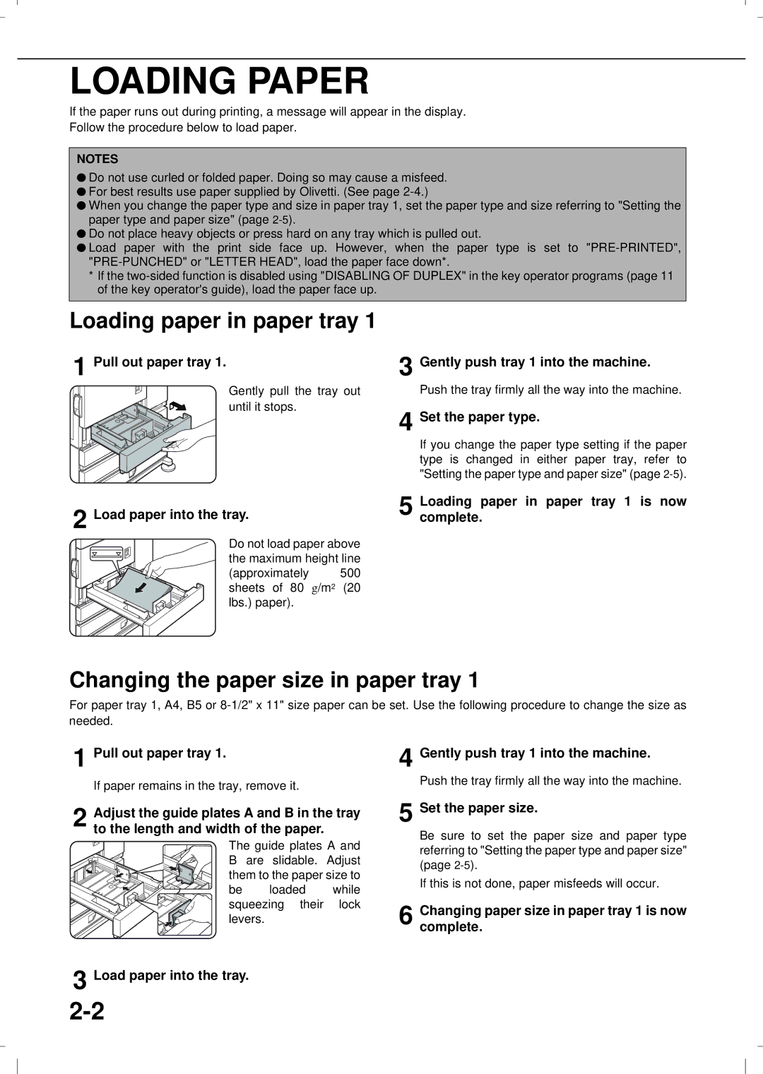 Olivetti 3501MF, 4501MF Loading Paper, Loading paper in paper tray, Changing the paper size in paper tray 