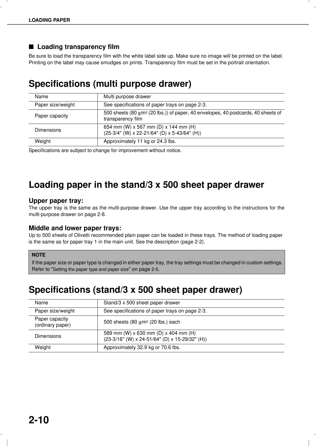 Olivetti 3501MF, 4501MF Specifications multi purpose drawer, Loading paper in the stand/3 x 500 sheet paper drawer 