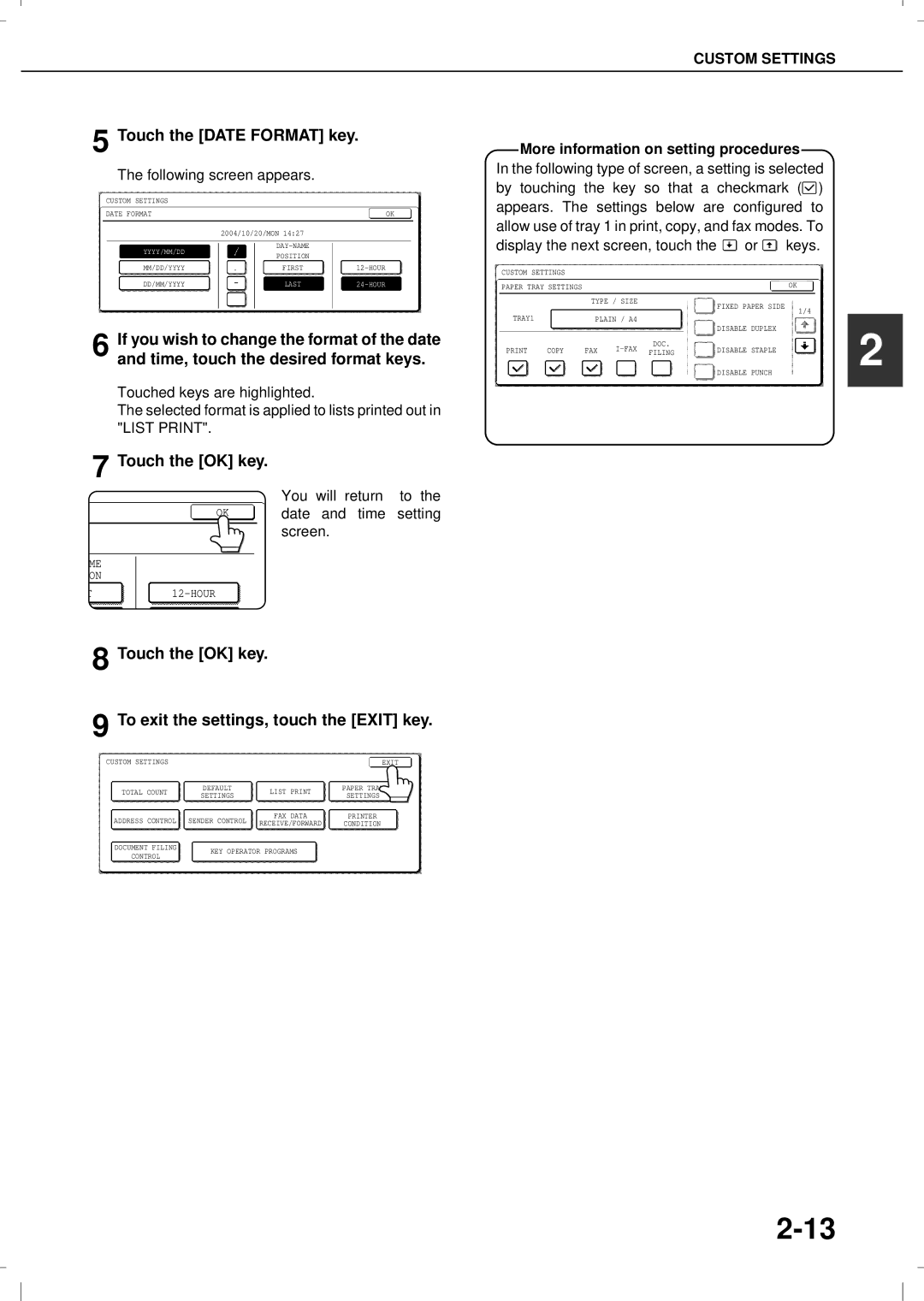 Olivetti 4501MF, 3501MF Touch the Date Format key, Touch the OK key To exit the settings, touch the Exit key 