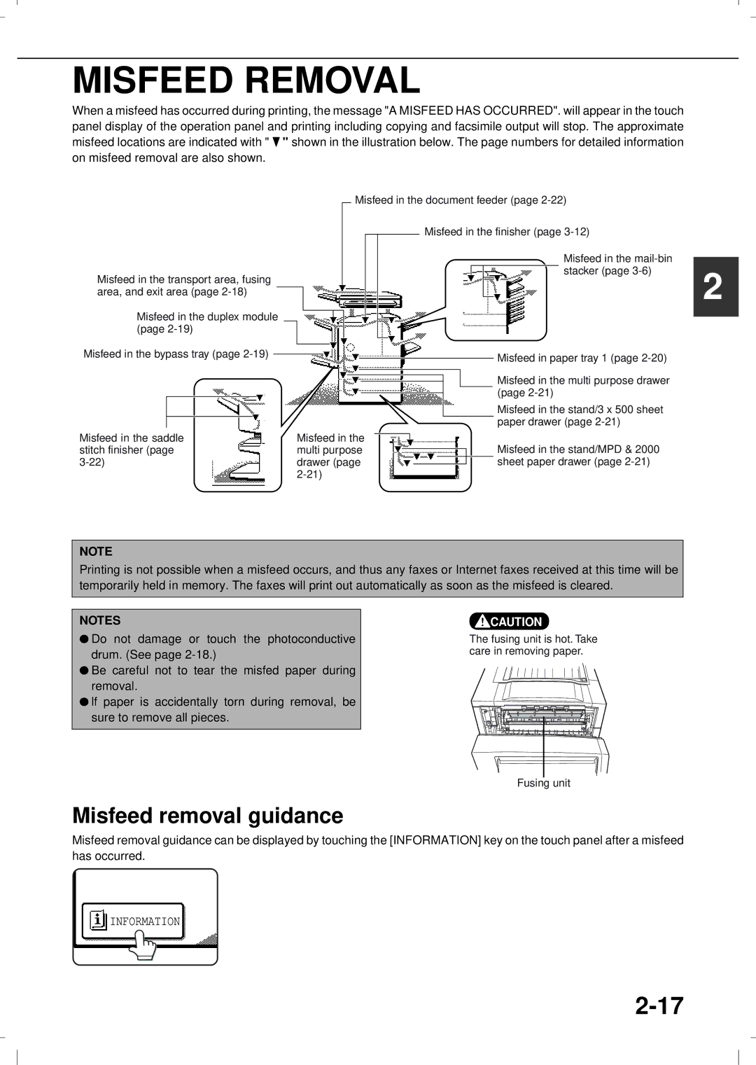 Olivetti 4501MF, 3501MF operation manual Misfeed Removal, Misfeed removal guidance 