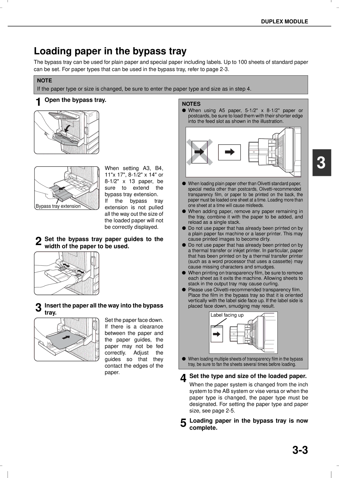 Olivetti 4501MF, 3501MF Loading paper in the bypass tray, Open the bypass tray, Set the type and size of the loaded paper 