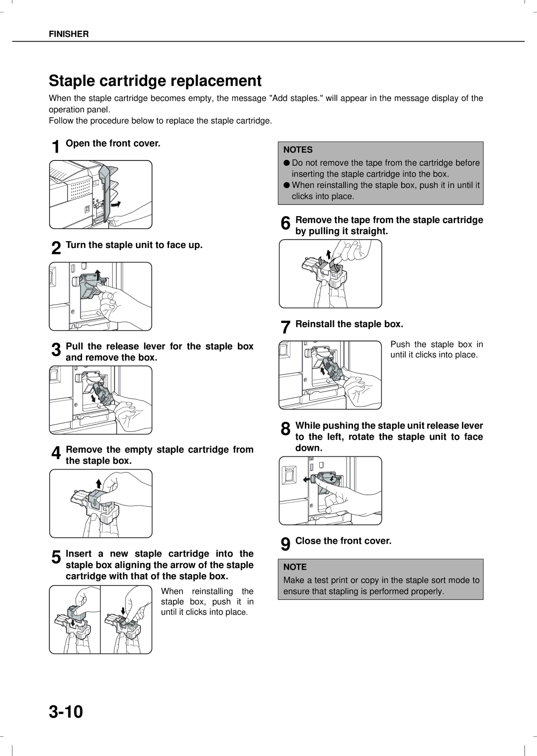 Olivetti 3501MF, 4501MF operation manual Staple cartridge replacement, Push the staple box in until it clicks into place 