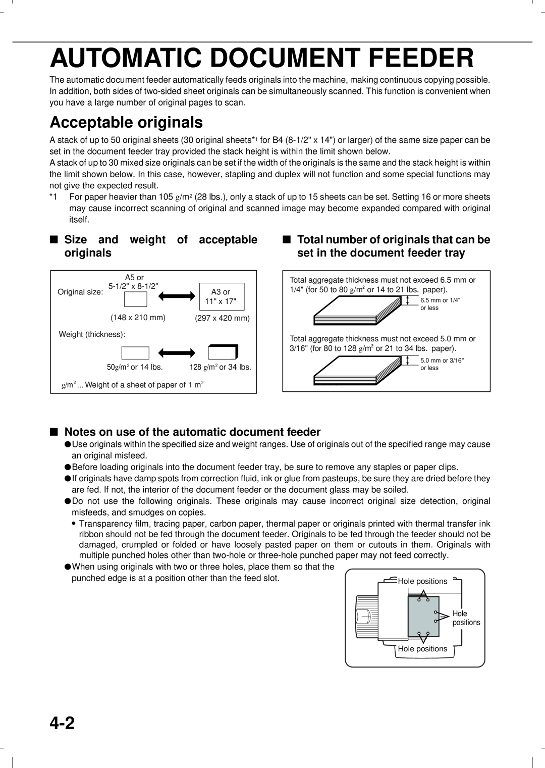 Olivetti 3501MF, 4501MF Automatic Document Feeder, Acceptable originals, Size and weight of acceptable originals 